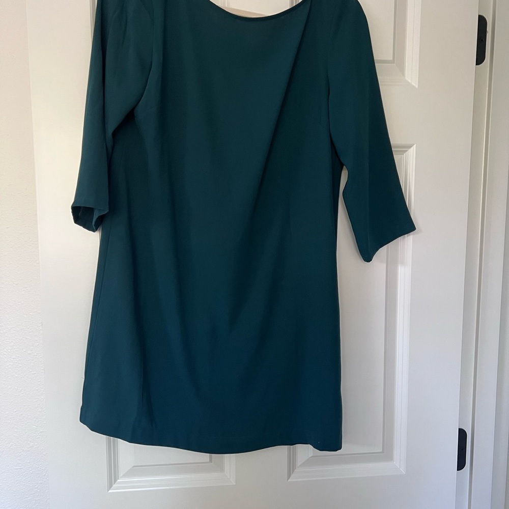 Leith, size S, teal shirt dress with 3/4 sleeves and button closure at back.